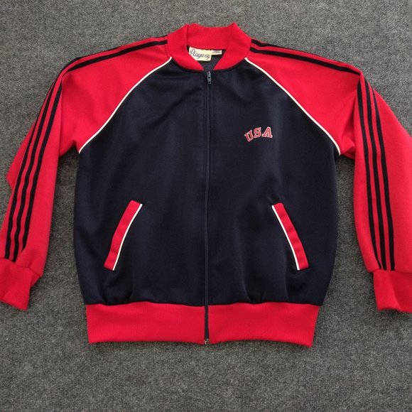 PLAYWAY Vintage Men's L Track Jacket Red‎ Blue Zip Pockets Striped Long Sleeve - Picture 1 of 14